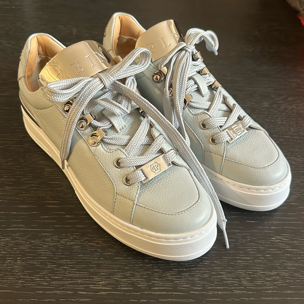Philipp Plein Light Gray Leather Platform Sneakers with White Soles